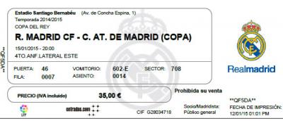 Vendo boli y regalo entrada Real Madrid – Atlético Madrid (Copa del rey) 15/01/2015
