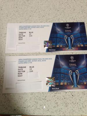 2 ENTRADAS CHAMPIONS LEAGUE MILANO 2016 CAT. 3 SECTOR