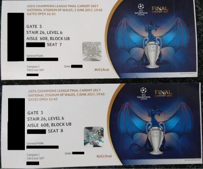 2 Entradas biglietti Final de la UEFA Champions League Cardiff Cat. 1 * 03.06. *