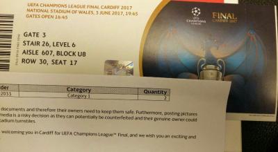 2x Boletos Cat. 1 Final de la UEFA Champions League Real Madrid - Juventus Cardiff